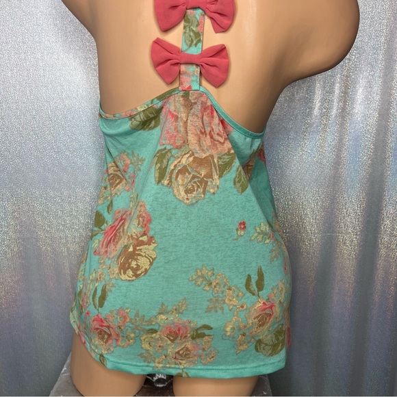 Rue 21 tank floral bows on back racer back turquoise blue pink cute stretchy - Picture 3 of 6